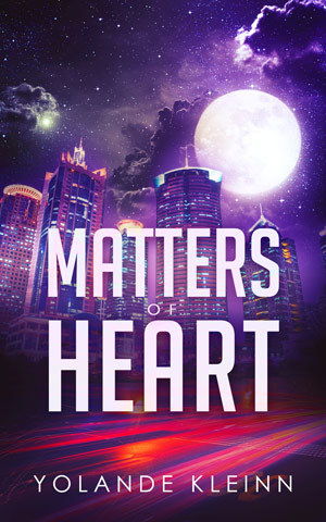 Matters of Heart Cover Book cover: purple nighttime Minneapolis skyline, Matters of Heart by Yolande Kleinn